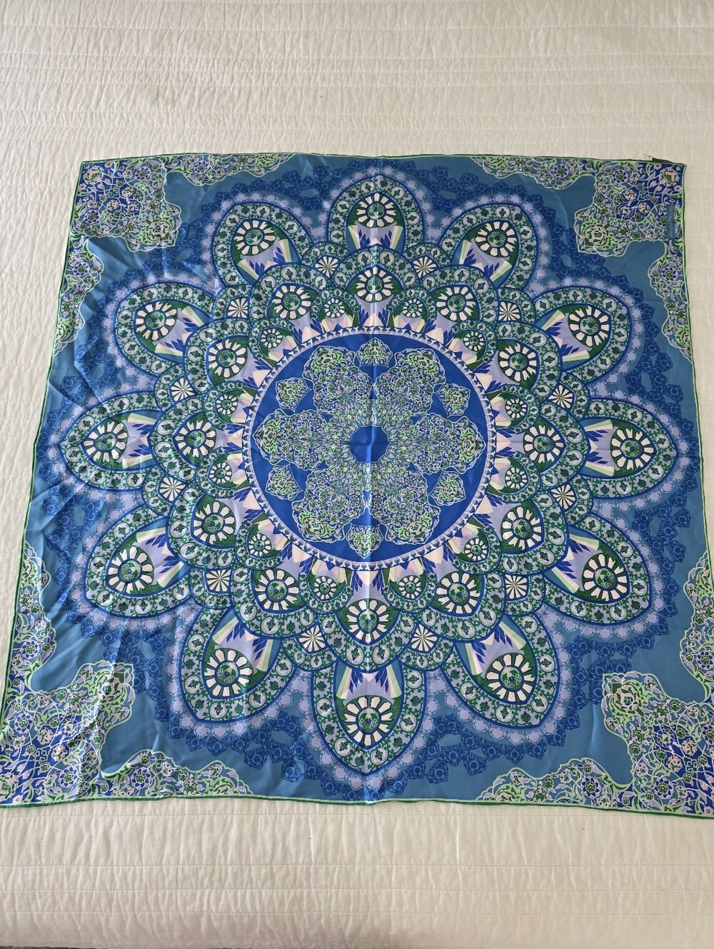 Machu Picchu Blue & Green Floral Medallion Silk Scarf 34x34